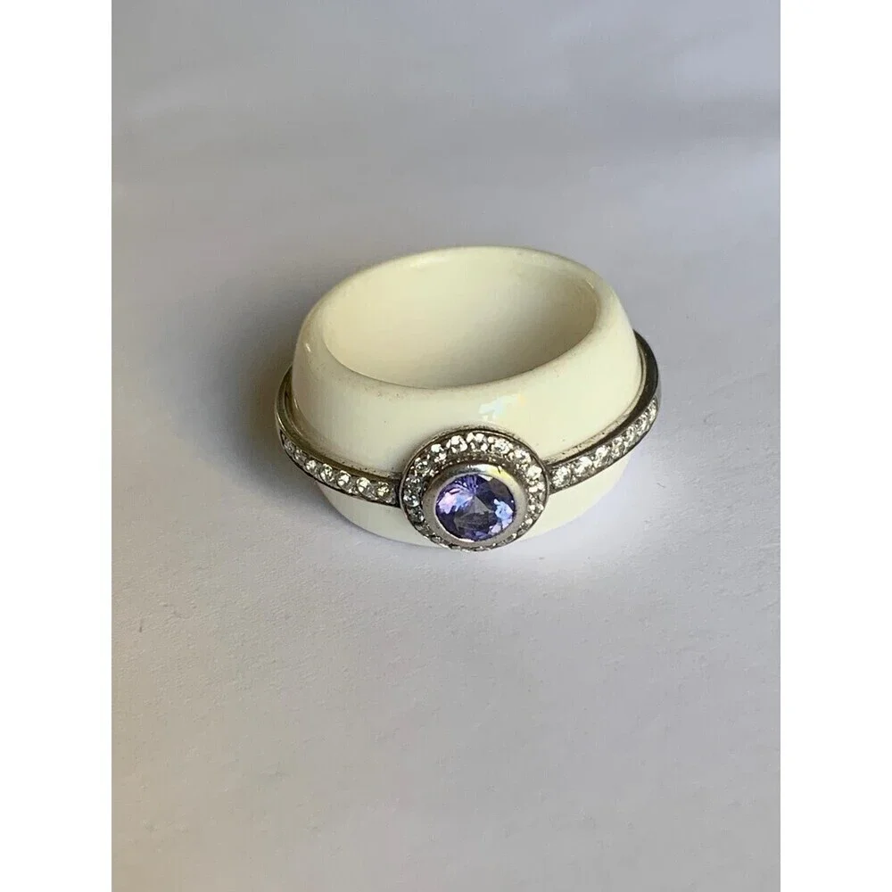 Amethyst and White Topaz Ring Size 7 Ceramic .925 Sterling Silver